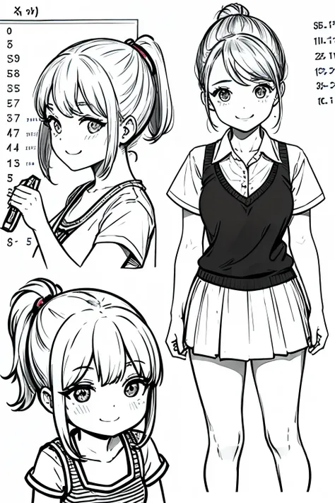 a cute math teacher, smiling, standing, hair tied in ponytail, chibbi doll style