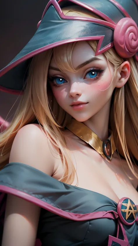 Shot of the beautiful face of dark wizard gils. Extra long eyelashes. blue eyes like crystal. brio in the eyes. pink lips. long blonde hair. exposed shoulders, angelic smile, beautiful well detailed face of the dark wizards gils. She is flirtatious with th...