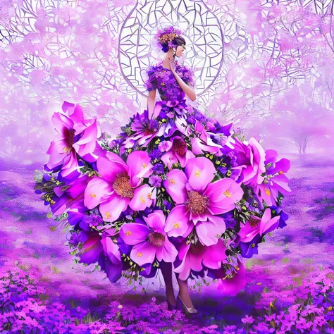 painting of a woman in a purple dress with flowers in her hand, dressed in a flower dress, lady with glowing flowers dress, woman in flowers, dressed in purple, flower goddess, the girl made out of flowers, persephone in spring, inspired by Wadim Kashin, e...