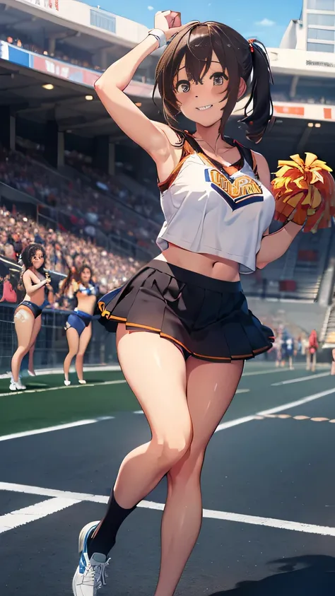 (Very detailed CG Unity 8k 壁紙),(masterpiece), (Highest quality), (Very detailed), (Best illustrations),(Best Shadow), Large Breasts、1 girl, Cheerleader、Panty shot、I can see her panties、Cute Cheerleading Costumes、cheer mini skirt、Dance with your feet up and...