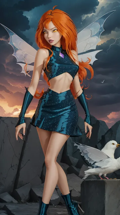 1girl, solo, ((pitiful)),Dark Bloom, orange hair, yellow eyes, boots, black skirt, gloves, black shirt, wings, sparkling clothing, masterpiece, best quality, Tweak_PrettyEyes:0.8 with a thunderstorm looming in the background, flock of migrating birds passi...