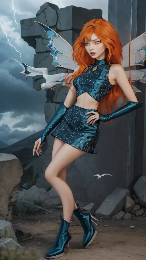 1girl, solo, ((pitiful)),Dark Bloom, orange hair, yellow eyes, boots, black skirt, gloves, black shirt, wings, sparkling clothing, masterpiece, best quality, Tweak_PrettyEyes:0.8 with a thunderstorm looming in the background, flock of migrating birds passi...
