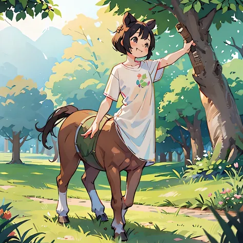 realistic、octane rendering、morning park、little child dancing with teddy bear、the girl has her hair in a bun、smile，centaur，