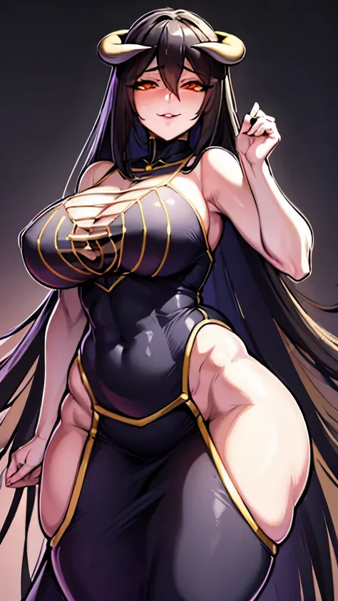 (masterpiece, high quality), albedo, succubus, glowing yellow eyes, muscular, curvy hourglass body, slim waist, wide hips, sexy fishnets, spidernet, dark black background, steam, sweat, erotic smile, abs