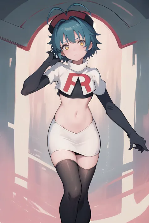 best quality, (masterpiece:1.2), illustration, absurdres, (1girl), (beautiful detailed girl),
Millium Orion, blue hair, short hair, antenna hair, ahoge, yellow eyes, flat chest,
black hat, headwear,
team rocket,team rocket uniform,white skirt,red letter R...
