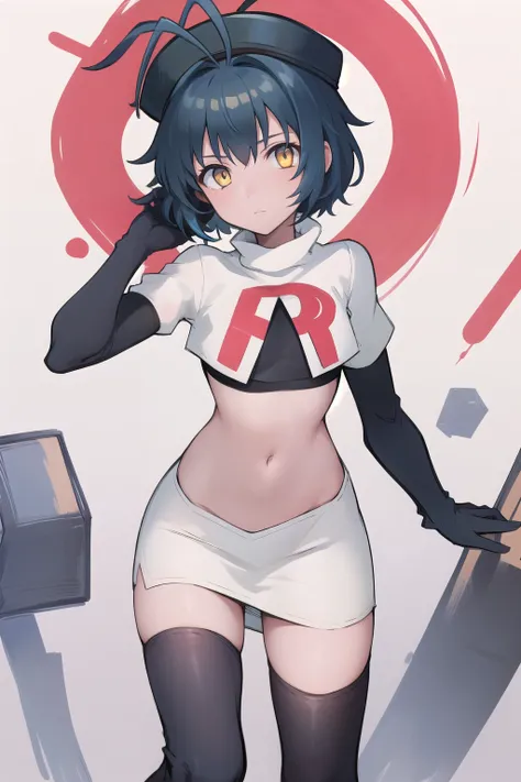 best quality, (masterpiece:1.2), illustration, absurdres, (1girl), (beautiful detailed girl),
Millium Orion, blue hair, short hair, antenna hair, ahoge, yellow eyes, flat chest,
black hat, headwear,
team rocket,team rocket uniform,white skirt,red letter R...
