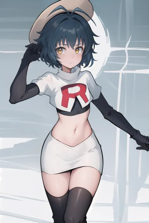 best quality, (masterpiece:1.2), illustration, absurdres, (1girl), (beautiful detailed girl),
Millium Orion, blue hair, short hair, antenna hair, ahoge, yellow eyes,  flat chest,
black hat, headwear,
team rocket,team rocket uniform,white skirt,red letter R...