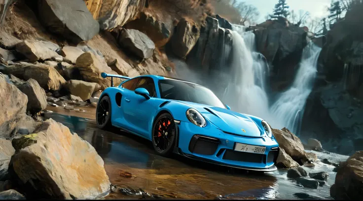 presenting a stunning image of porsche 911 gt3 rs, a captivating blue sports car parked gracefully in front of a majestic waterf...