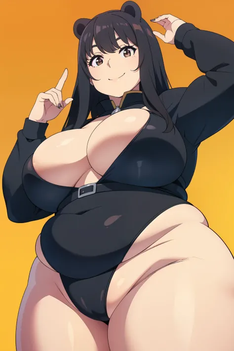 Plump year 21 big breasts black hair brown eyes chubby smile bear girl black leotard longer hair seen from below