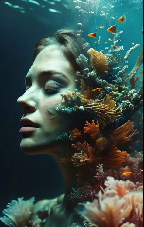 Underwater music, style incorporating the fantastical elements of Lee Jeffries  and Mark Molchan, infused with the serene sensitivity of Pino Daeni, projected dream scenes via double exposure, Matte, right value, the right color detailed face features, sha...