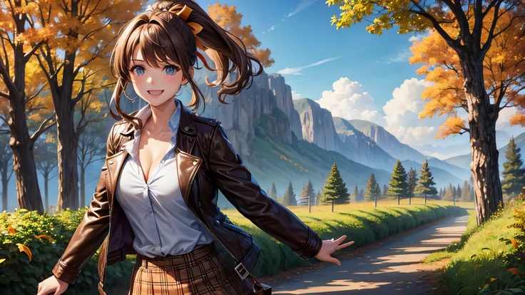 1girl, solo, trees, sun, clouds, autumn, colorful trees, falling leaves, ((brown hair)), ponytail, large breasts, ((brown leather jacket)), button down shirt, ((blue checked shirt)), ((unbuttoned shirt)), unbuttoning buttons, cleavage 1:3, blue eyes, long ...