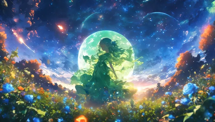 masterpiece, Concept Art, Panorama, in the center, shape, Wide Shot, garden, night, (meteor), Space galaxy background, (Great composition, Epic Scale), Dynamic Lighting, Bright colors, Blue rose,Landscape Long Eyelashes, Round eyes, Silver Hair, Half-close...