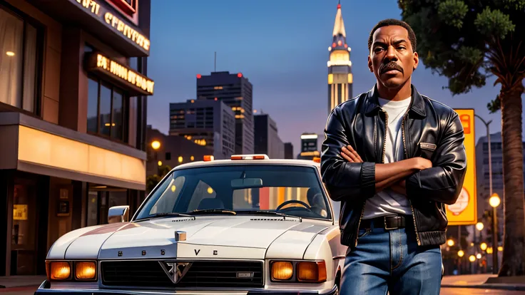 {Eddie Murphy, 24yo, beverly hills cop, mocked face expression, beverly hills cop clothes, crossed arms, front view, from the waist up, Detroit Lyons Jacket (1984). {Nick Nolte, 40yo, 48 Hours movie clothes, crossed arms, angry expression, nervous, forehea...