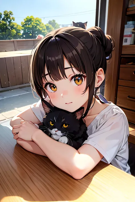 highest quality、black catを抱く女の子、cute 14 year old girl、bun hair with brown hair tied、black cat、natural look、long shot、natural lig...