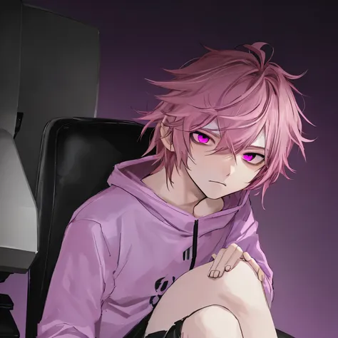 Adult male, femboy, pink hair with brown roots, eyebags, bishonen, sitting in gaming chair, purple lighting, dark background, pink eyes