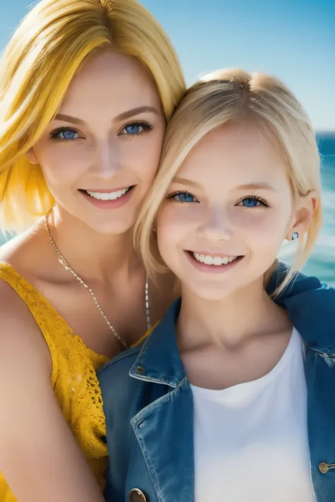 a mother and daughter yellow hair blue eyes on a magazine cover, vibrant colors, high-resolution, realistic portrayal, fashion-f...