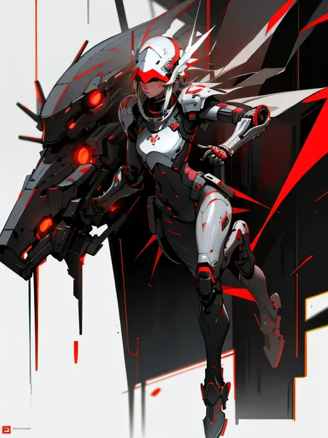 (dark cyberpunk art), dystopic art, ((full body portrait)), mechanized girl, pale skin, red massive visor, glowing visor, pale armor, red white armor, red aura, (hanging in the air), cyberpunk underground, highly detailed art, dark fantasy art