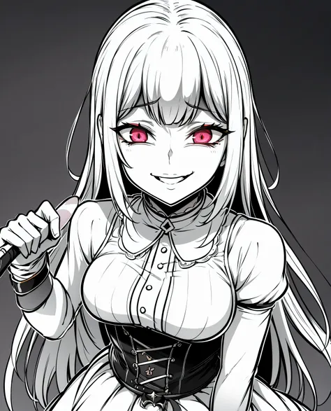 close-up of a woman holding a knife and a dress, on pixiv, on pixiv top rated, , pixiv contest winner,wicked smile,anxious smile...