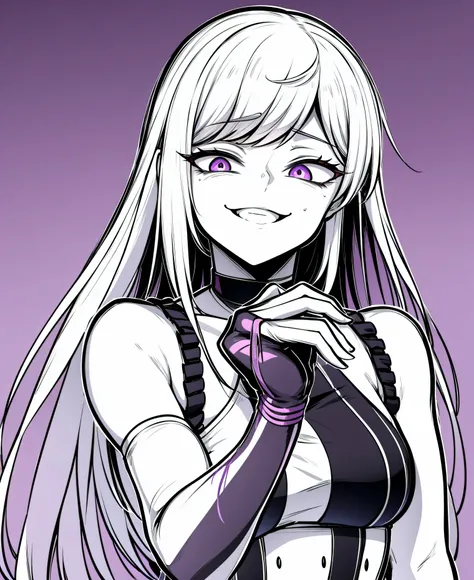 Close-up of a woman holding a knife and a dress, On pixiv, On pixiv Top Rated, , Wicked Smile,Anxious smile, Pixiv 3DCG, Girl, daughter, 1 7 year old girl, ahegao, anime moe , Enchanting Anime Girl,latex,elbow gloves,black and purple background,