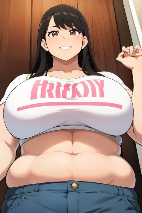 Plump year 21 big breasts black hair brown eyes happy longer hair smile blushing deredere seen from below