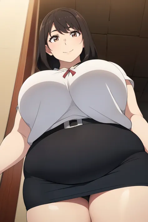 Plump year 21 big breasts black hair brown eyes happy longer hair smile blushing deredere seen from below