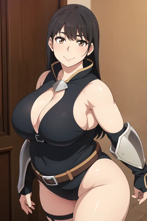 Plump year 21 big breasts black hair brown eyes happy longer hair smile blushing deredere armor leotard 