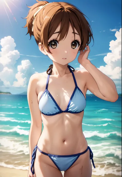 Konui Hirazawa, Yu Hirasawa, short hair, Brown Hair, (Brown eyes:1.5), ponytail,smile,Open your mouth,Light blue bikini string swimsuit,barefoot,Water Play,Wet Hair,Wet Skin,Wet swimsuit,Daytime,Clear skies,True Summer,whole bodyがイラストに入るように,
break outdoors...