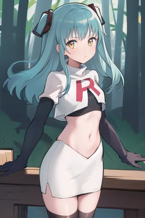best quality, (masterpiece:1.2), illustration, absurdres,
(1girl, solo), (beautiful detailed girl),
Tio Plato, yellow eyes, aqua hair, long hair, two side up, small breasts,
fake animal ears,
team rocket,team rocket uniform,white skirt,red letter R,crop to...