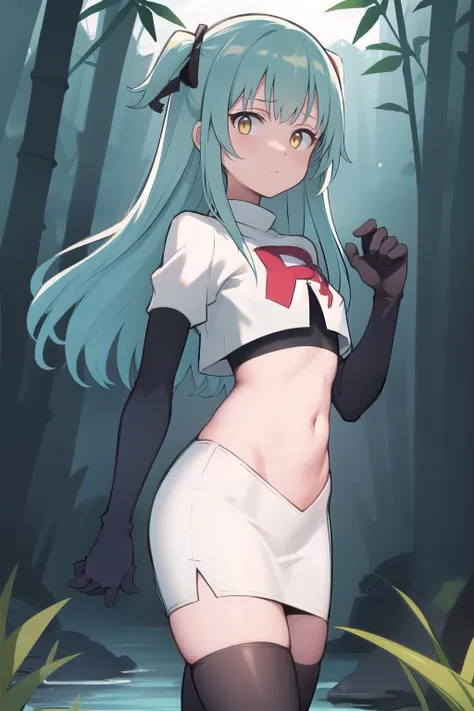 best quality, (masterpiece:1.2), illustration, absurdres,
(1girl, solo), (beautiful detailed girl),
Tio Plato, yellow eyes, aqua hair, long hair, two side up, small breasts,
fake animal ears,
team rocket,team rocket uniform,white skirt,red letter R,crop to...