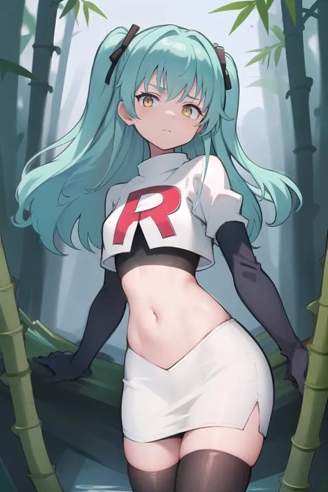 best quality, (masterpiece:1.2), illustration, absurdres,
(1girl, solo), (beautiful detailed girl),
Tio Plato, yellow eyes, aqua hair, long hair, two side up, small breasts,
fake animal ears,
team rocket,team rocket uniform,white skirt,red letter R,crop to...