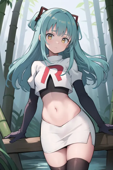 best quality, (masterpiece:1.2), illustration, absurdres,
(1girl, solo), (beautiful detailed girl),
Tio Plato, yellow eyes, aqua hair, long hair, two side up, small breasts,
fake animal ears,
team rocket,team rocket uniform,white skirt,red letter R,crop to...