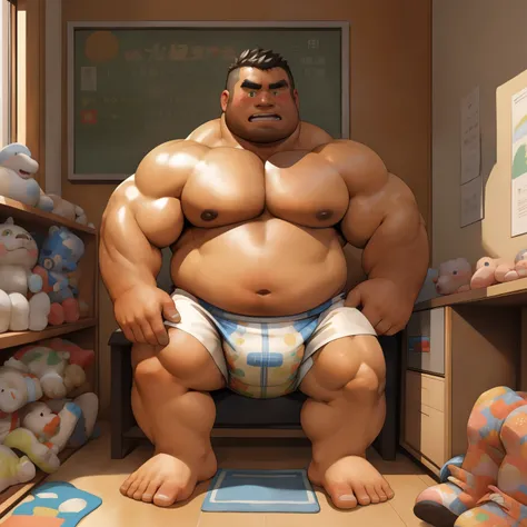 masterpiece, Top quality, in 32K, perfect anatomy, hyper detailed, super fine illustration, The thick man is a brutal prisoner, retarded, hairy, human, 50yo in japan, (fatness: 1.0), Fatty muscle, Bowleg, disappointment, incontinent, be diaper check by chi...