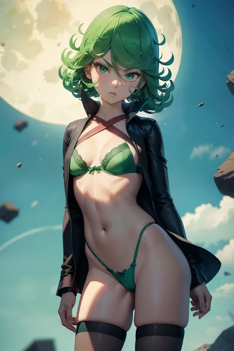 Tatsumaki ,1girl , anime , masterpiece  , green color hair, jaqueta aberta open clothes ,flat  chest  , bra,  pantie  , long socks,  angry agressive ,sexy   . Background moon . Standing 