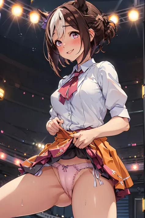 (Sexy dance show:1.2),(show off Micro Panties,skirt lift up by self:1.5),A special week (umamusume),Excellent anatomy, masterpiece, Highest quality,Realistic, hyperRealistic, 16k hdr,(blush,smile:1.2),(Live Stage:1.3),(The gorgeous costume is visible throu...