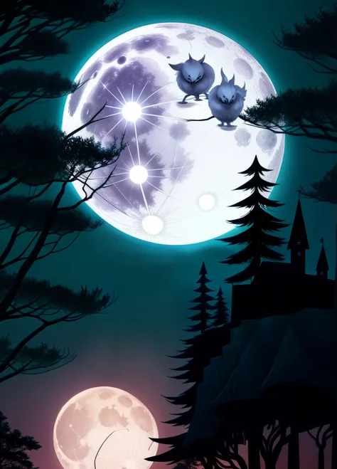 enchanted forest,  forest animals, the full moon rising from behind the hills