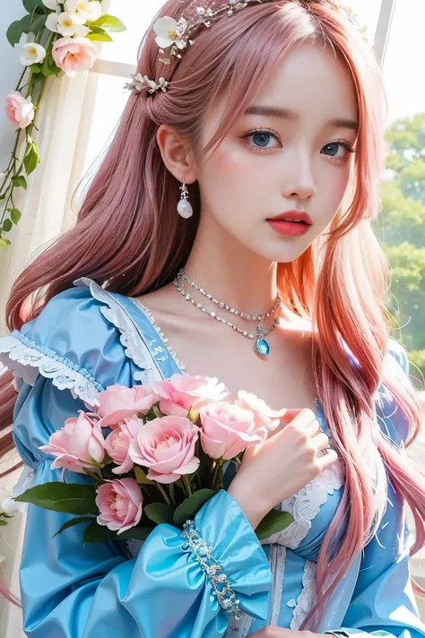 Highly stylized fantasy portrait。She has fair skin and striking large blue eyes.、Beautiful and sensual woman。Adorned with pink feathers and flower accessories、Voluminous curly pink hair。The costumes are、Reminiscent of 18th century fashion、Featuring intrica...