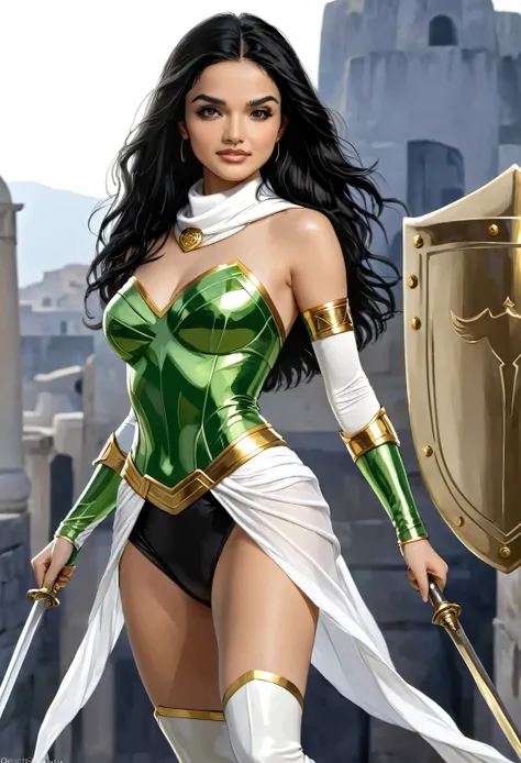 rachel zegler, sexy greek superheroine who is a demigoddess , green eyes and long black hair. she wears a black and gold outfit ...