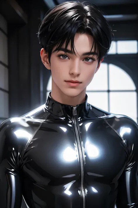 日本人MaleイケMeンモデル 22 years old smile Black Hair Short cut Short bangs From KaMeRa's perspective Shiny full-body silver suit Shiny silver latex suit Me From KaMeRa's perspective future world Upper body close-up Face close-up Male male m...
