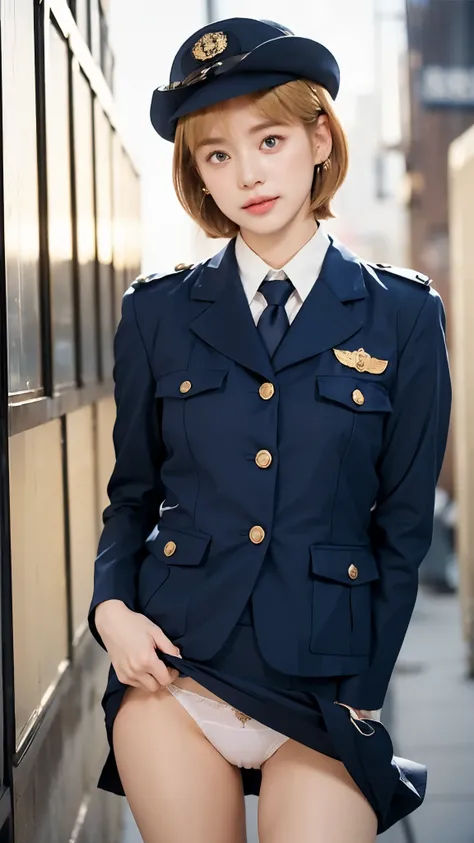 16K quality、Highest quality, It is high resolution., Real photo、((Standing posture facing forward、Full body portrait))、(((20代のBlondeのfemale police officer)))、(((She is rolling up her plain navy blue tight skirt with both hands.、Skirt rolled up、White pantie...