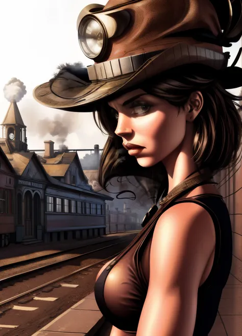 1 girl,  aviator hat ,   solo,   steam punk, train station,  , steam, smoke, masterpiece, highly detailed,hdr,8k resolution, bes...