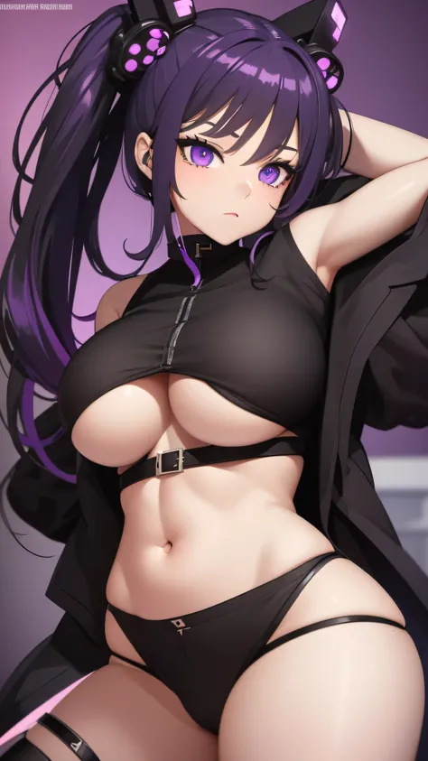 une fille, manga, de dos, very detailed face, tout le corps, cyberpunk, purple eyes, black har, hairstyle with pigtails, vulgar, sexly, collant noirs, Jupe moulante, beautiful breasts, beau cul rebondi, wide hip, hot, provocative