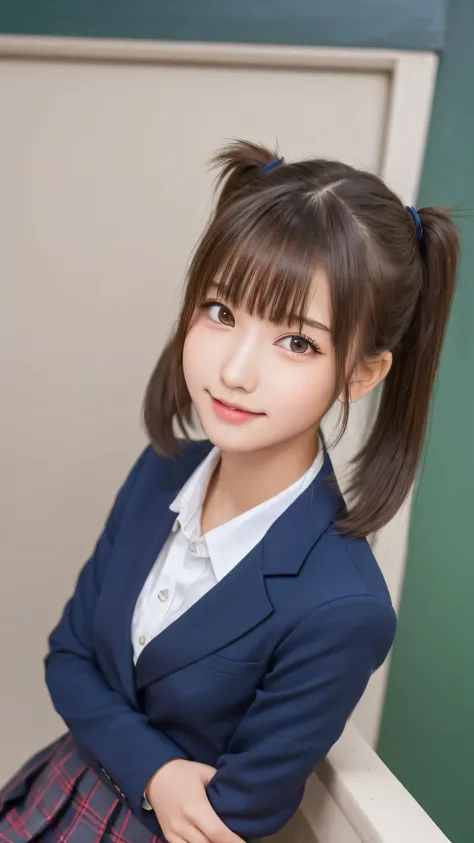 Tabletop, Highest quality, (beautiful girl:1.3), (16 years old:1.2), Very fine grain definition, (Symmetrical eyes:1.3), ((Browsing Caution)), (school uniform,  Cute Skirt:1.3), Beautiful breasts, Brown eyes, Parted bangs, Brown Hair, Upper teeth,Twin tail...