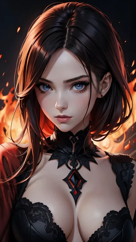 une fille, manga, regard rouge flame intense, sorcière, menaçante, dangereuse, cheveux noir, elle a des pouvoirs surnaturels, arrière plan en feu autour delle, aesthetic, pinterest style