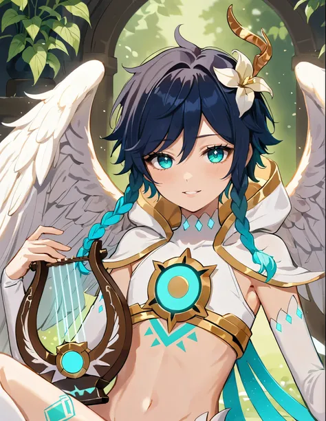 (masterpiece,best quality,4k,8k,absurdres:1.2),agahari,aoi nanase,((illustrated by carnelian)),sharp and clear, wide blue slit pupils, green eyes, perfect face, 1boy, flat chest,venti_(archon)_(genshin_impact),bare stomach,graceful,(face focus,detailed_eye...