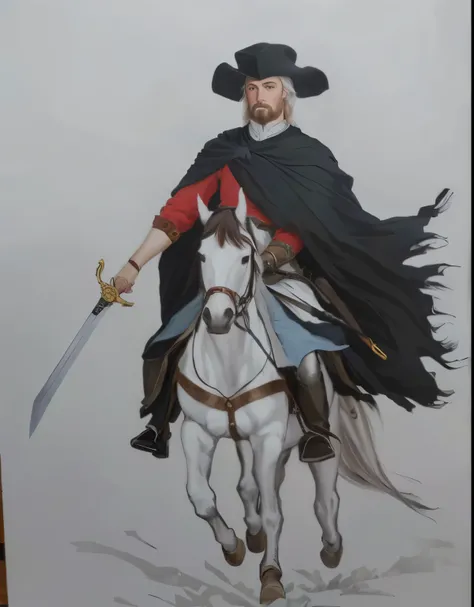 painting of a man with a sword and a red shirt, Riding on a white horse, as a medieval fantasy character, inspirado em Robert Walker Macbeth, inspired by Clovis Trouille, painting of a knight, inspired by Ambrosius Holbein, inspirado em Eleanor Fortescue-B...