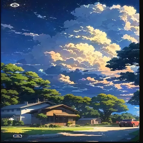 a picture of a house with a sky background and a car parked in front of it, beautifull puffy clouds. anime, anime clouds, anime sky, studio ghibli sky, beautiful anime scene, anime nature, anime nature wallpap, anime scenery, beautiful anime scenery, anime...