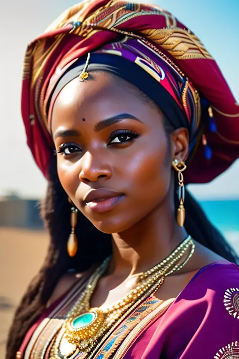 fking_scifi, fking_scifi_v2, vectore portrait of a young very beautiful African woman, in front of a beach, rich colorful clothes, turban and golden african jewelry, close up, regal pose and attitude. fking_cinema_v2. fking_cinema_v2