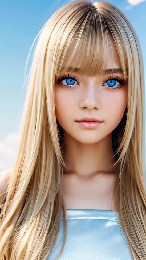 Crystal clear and shiny skin、15 year old cute  beautiful face、Very large, beautiful, bright, pale sky blue eyes、Very big eyes、Super long straight hair that shines in the light、Long, silky bangs that cover her cute eyes、Hair that hides sexy features、too lon...