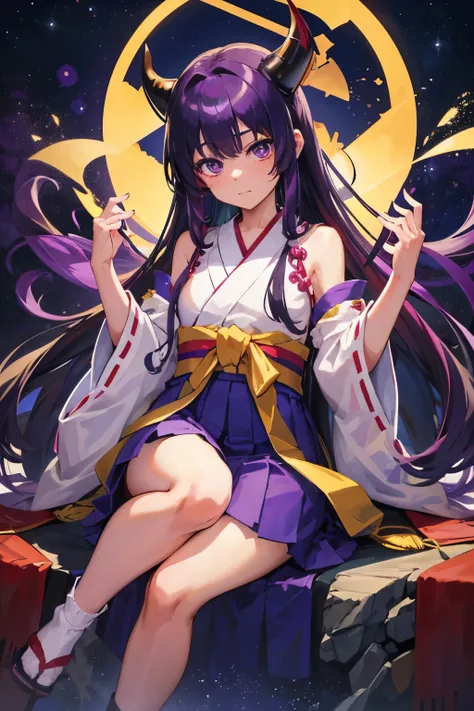 Gemstones Space Background　Sitting on the throne　1 person、solo、Long Hair、skirt、Eyebrows visible through hair、Purple Eyes、Purple Hair、Sleeveless、kimono、Horns on the sides of the head、No sleeve、Wide sleeves、socks、Shiny Hair、Floating hair、Hakama、Ribbon trim、H...