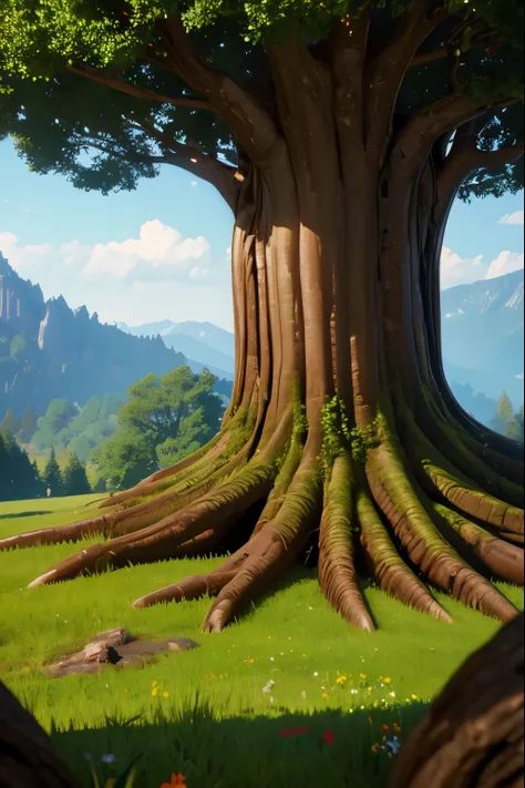 zebaoth, giant epic fantasy tree, huge mountains, cinematic lens, wide-angle view, realistic, detailed skins, 8k, trending on ar...